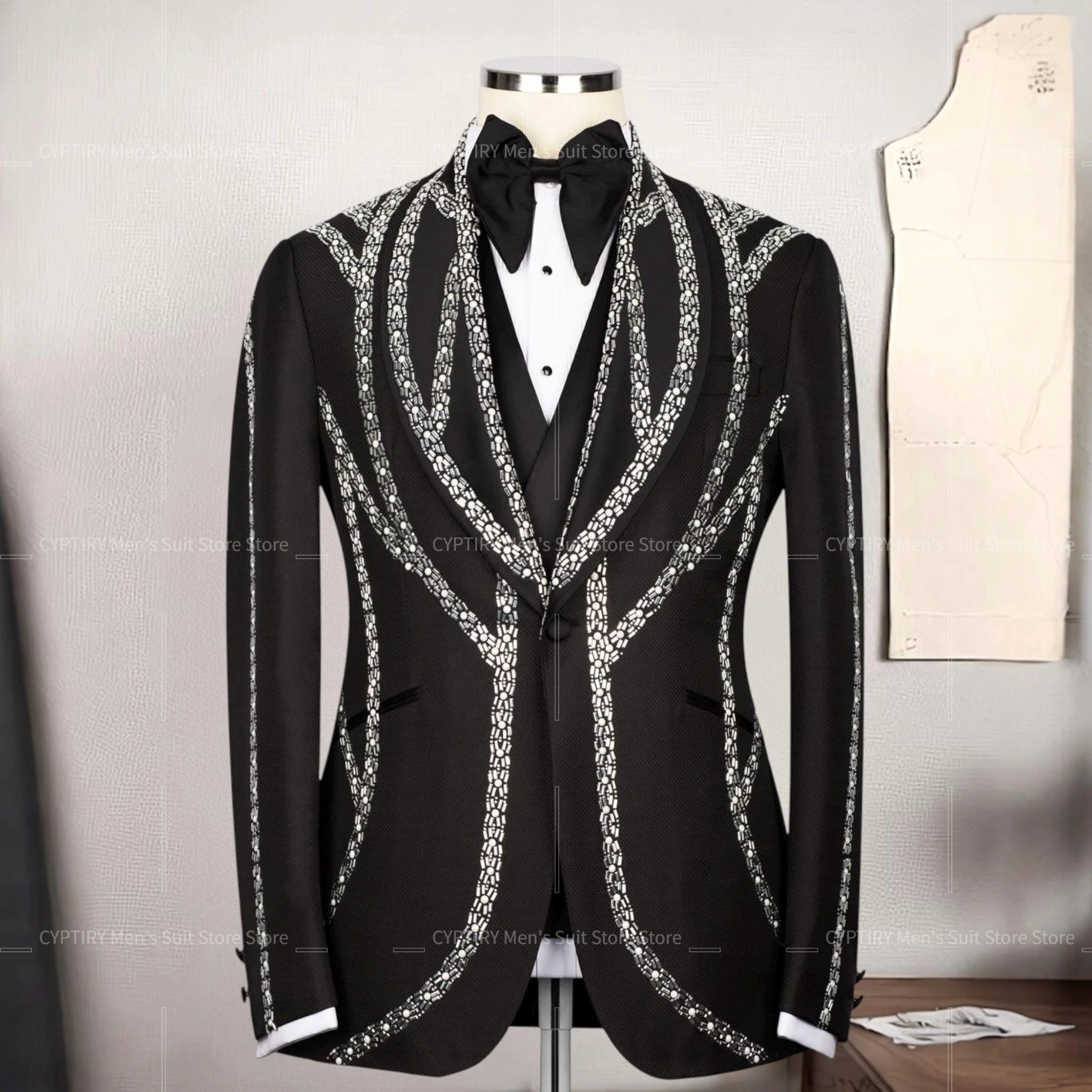 Exclusive Jewelry Embroidered Wedding Groom Tuxedo Set, Black Wool Tuxedo, Custom Made Men's Suit, Party Suit For Men