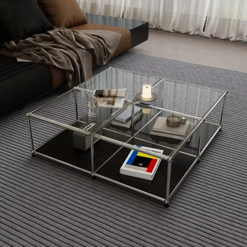 Modern minimalist style large flat bottom high-end square tempered glass stainless steel modular storage coffee table