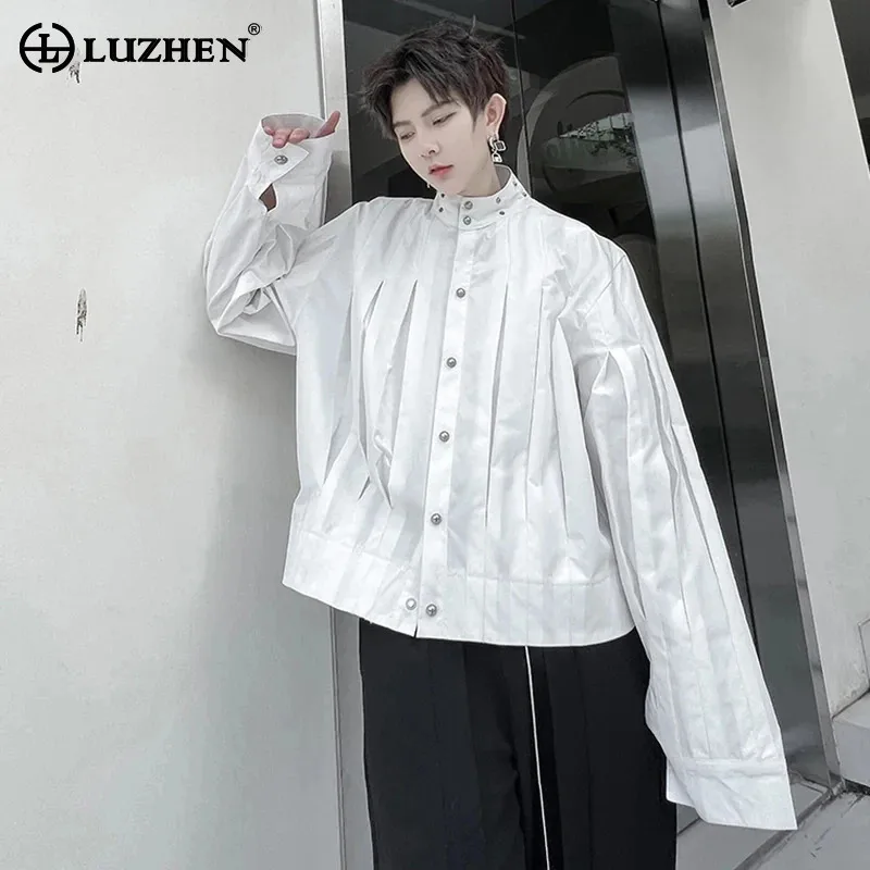 LUZHEN Fashion Pleated Design Long Sleeve Shirts Jacket Men's High End Classy 2025 Rivet Decorative Trendy Korean Tops LZ7962