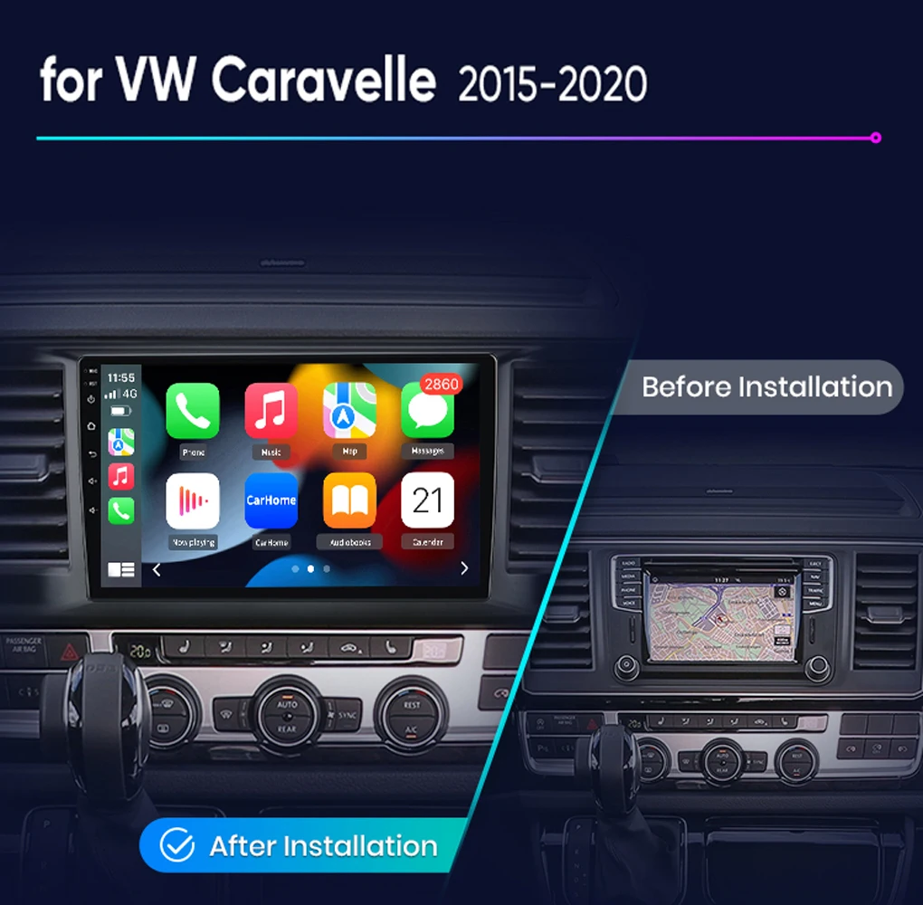 Radio de coche Junsun con CarPlay inalámbrico y Android Auto para VW Volkswagen Transporter T6 Caravelle Multivan T6.1 2015-2020, Android 15, GPS, reproductor multimedia, WiFi, 4G, BT, DSP, RDS, pantalla táctil IPS, autoradio, unidad principal, estilo OEM.