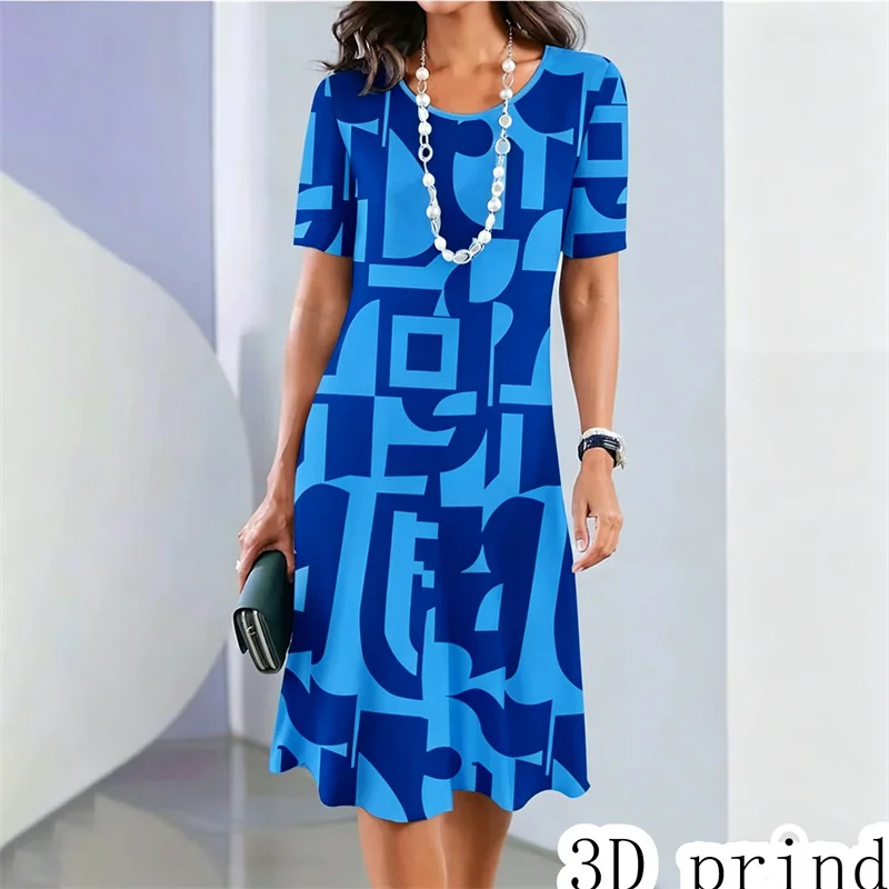 Summer women's short sleeve dress Casual Geometric pattern printing Mini dress Loose Beach Dress