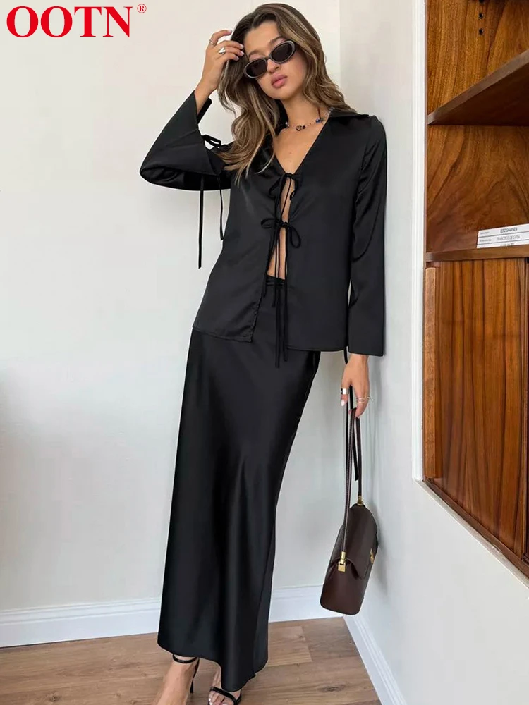 OOTN Black Two Piece Sets Loose Long Sleeve V Neck Women Tops Lace Up Solid Casual Skirt Suits 2024 Autumn Fashion Female Set