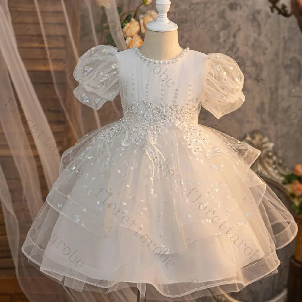 Customized White Sequin Puff Sleeve Flower Girl Dress Tulle Round Neck A Line Princess Party Wedding Pageant Gown for Kids