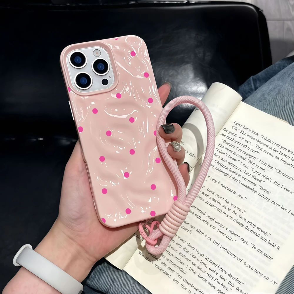 Minimalistische Polka Dots Falten-Silikon-Handyhülle für iPhone 17 15 13 11 12 14 16 17 Pro Max 14 15 Plus 17Air mit Lanyard-Abdeckung – Detail 3