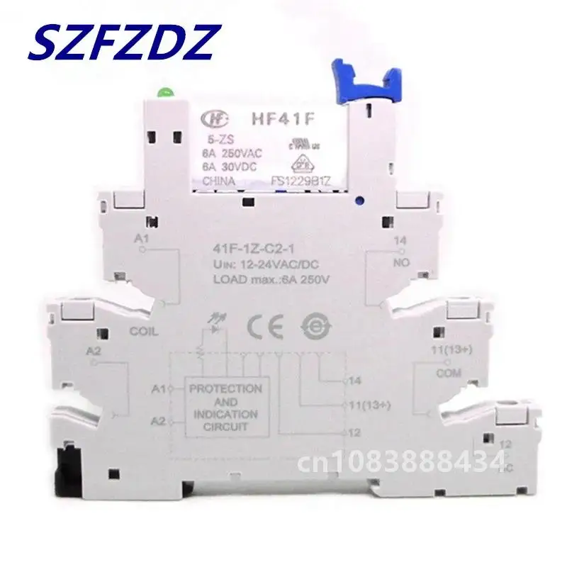 10Pcs 41F-1Z-C2-1 HF41F 5-ZS 12-ZS 24-ZS 5V 12V 24V 230V 6A 1CO Slim/SSR Relay Mount On Screw Socket with LED Wafer relay