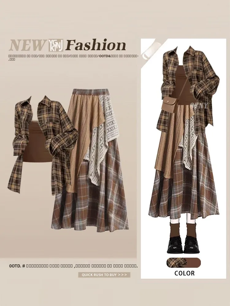 

Женский осенний комплект Faion Long Sve irt, кружевные лоскутные клетчатые брюки, повседневная футболка с воротником, длинные брюки