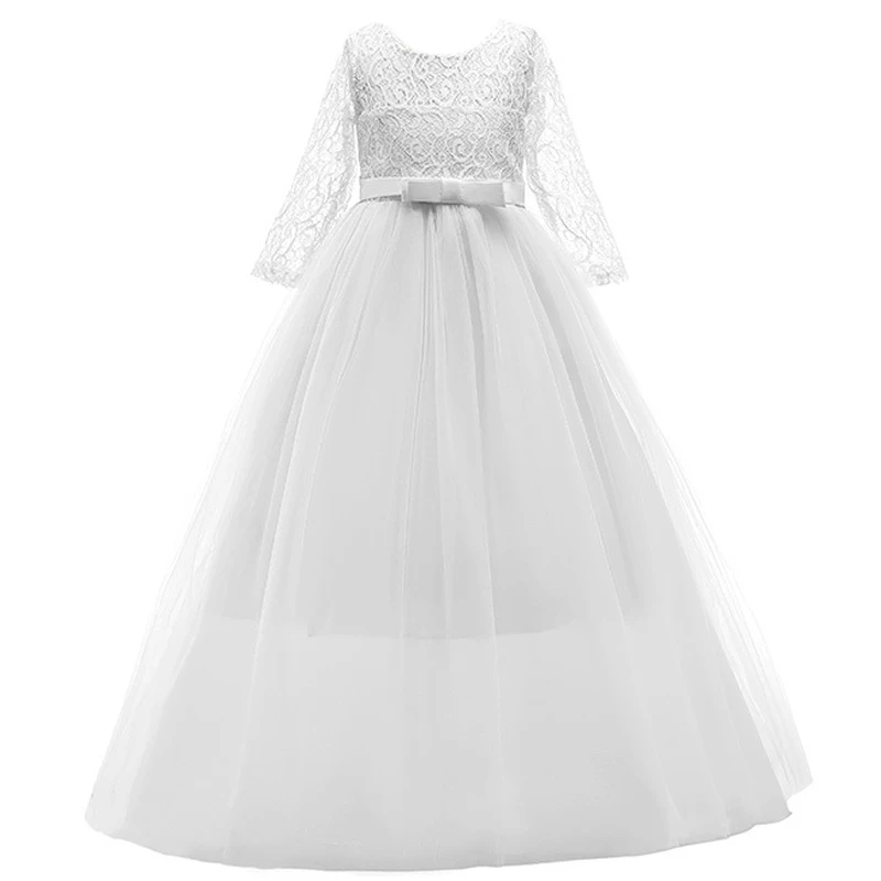 

Girls' White Princess Tulle Embroidery Flower Long Sleeve Bridesmaid Dress For Wedding Birthday Carnival Party With Bow Knot