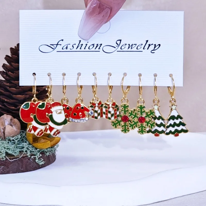 10PCS Christmas Earrings Set Alloy Dripping Oil Snowflake Santa Claus Stars Earrings Women Jewelry Christmas Gifts
