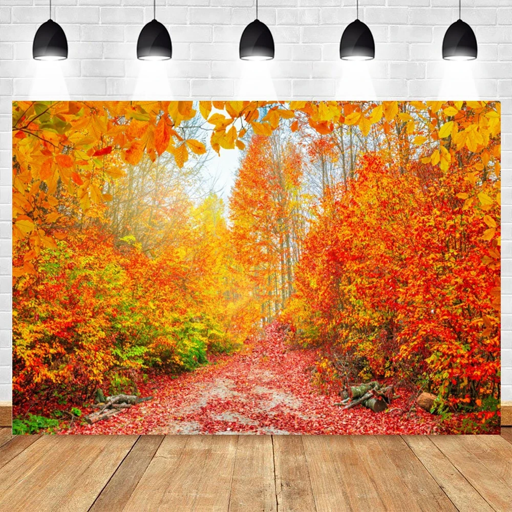 Autumn Forest Photography Backdrop Fall Golden Maple Leaves Road Landscape Wedding Baby Shower Party Portrait Photo Background