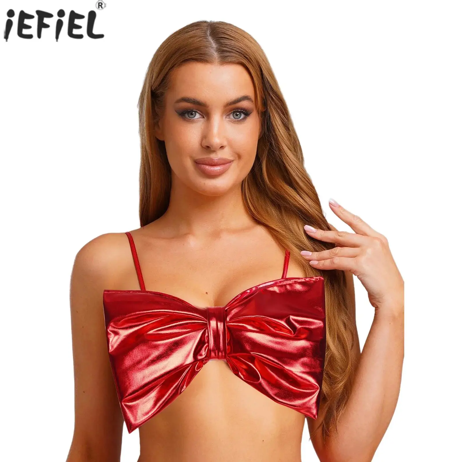 

Women Metallic Shiny Cropped Camisole Front Big Bow Adjustable Spaghetti Straps Tank Vest for Raves Rock Music Party Halloween