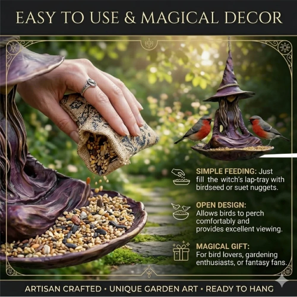 Creative Witch Figurine Birdfeeder Weather-Resistant Purple Witch Sculpture Tree Hanging Decoration Garden Landscape