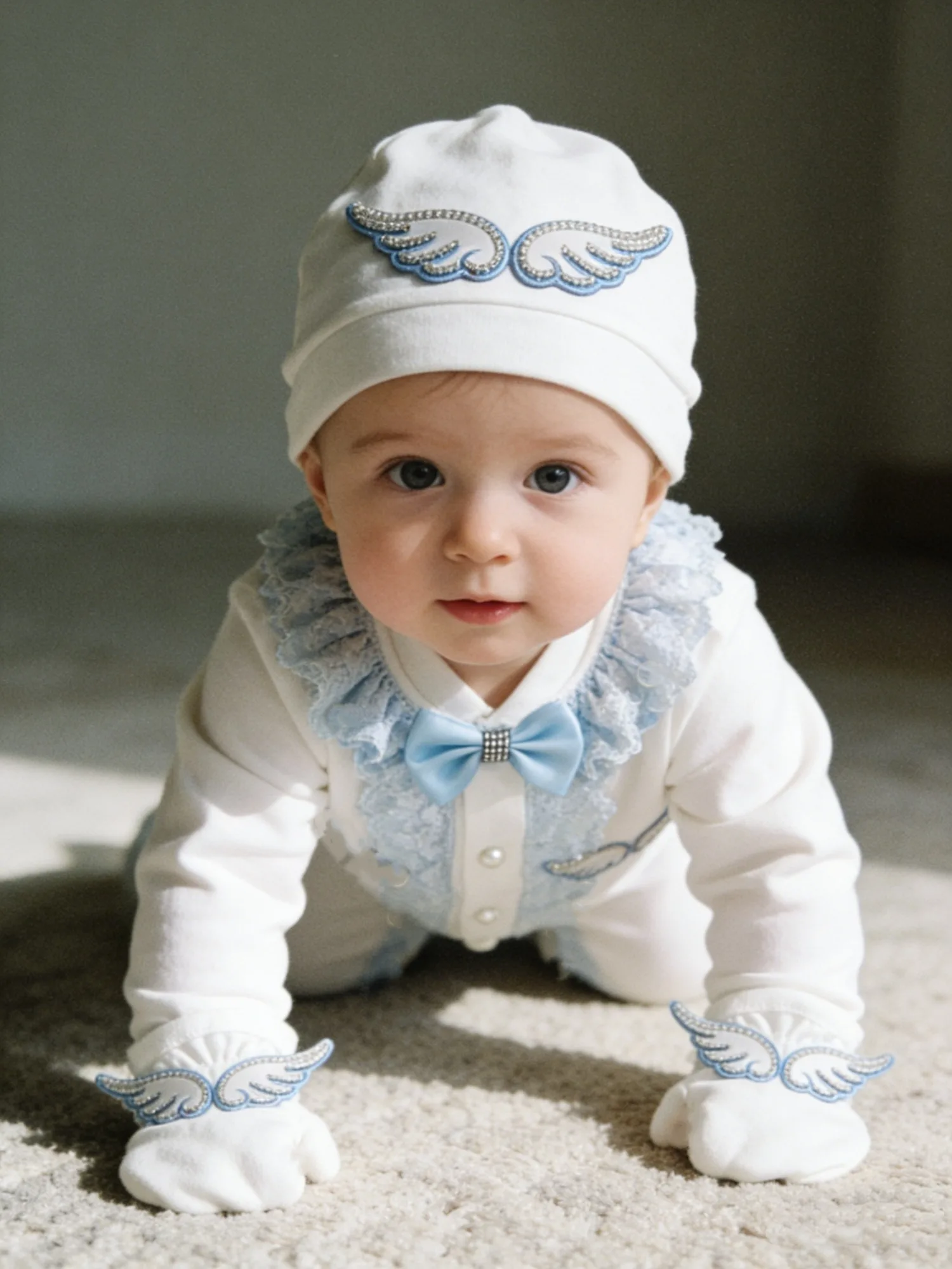 Newborn White Blue Angel Wings Outfit - Full Set with Laurel Embroidery & Evil Eye Accessory - for Baptism, Baby Shower Gift