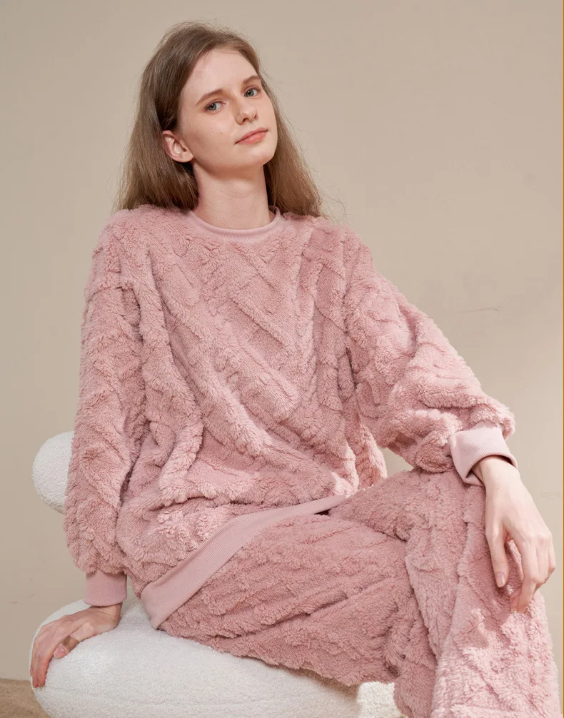 Women's Winter Fluffy Fleece Pajama Set Soft Warm 2-Piece Pjs Long Sleeve Pullover Pyjama Top  and Pants