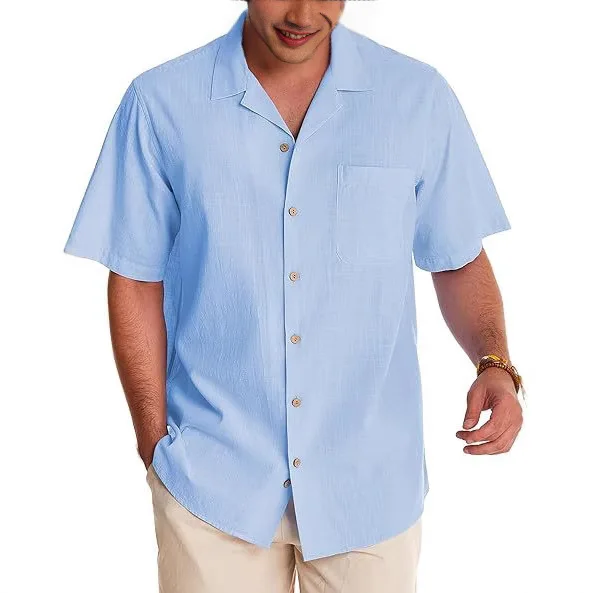 Shirt Men's Casual Cuban Collar Short Sleeve Shirt Button Cotton Summer Beach Vacation Hawaiian Shirt Men's