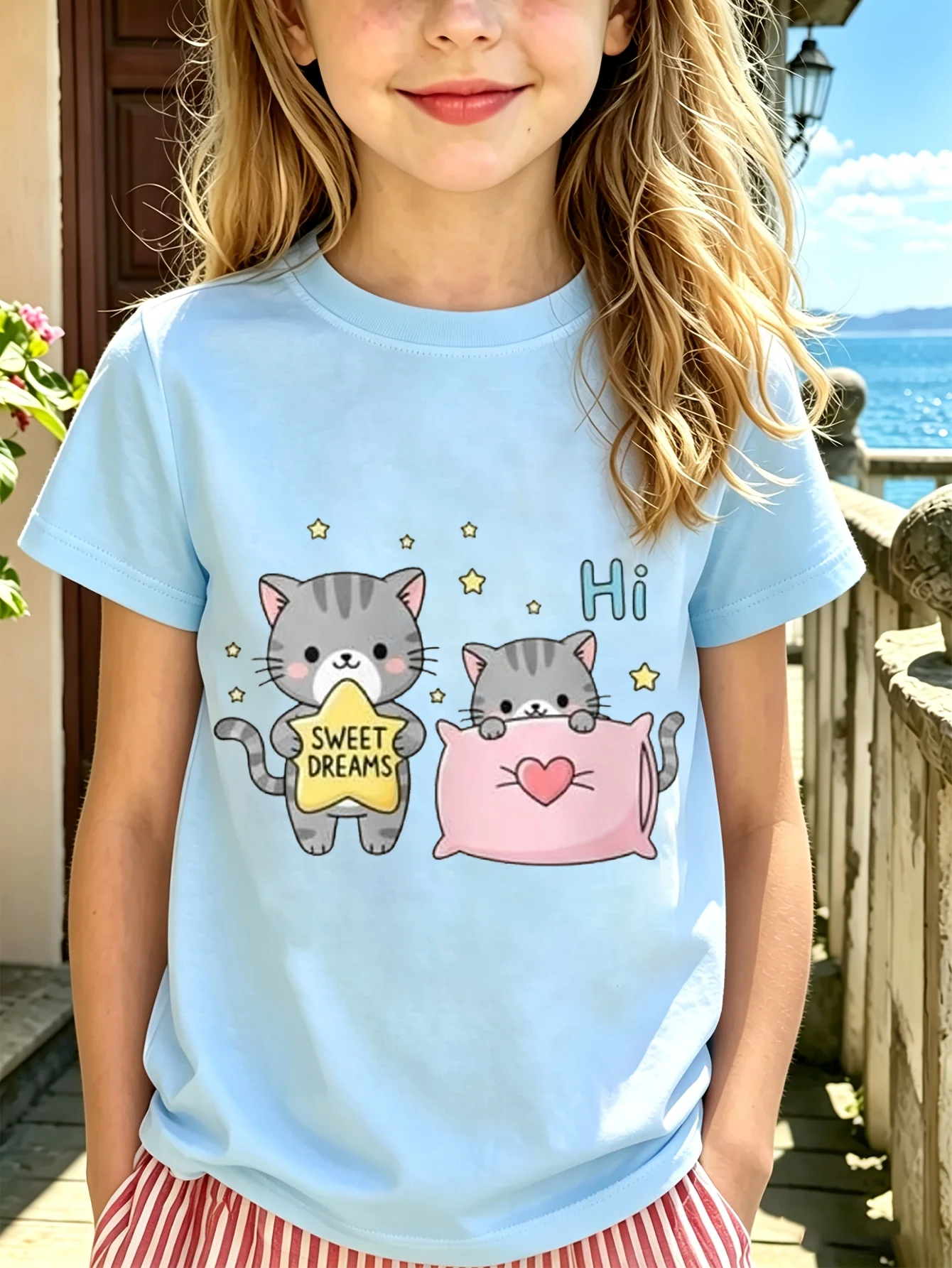 Sweet Dreams Kittens Kids Tee Star Pillow Cartoon Graphic Print Boys Girls Family Matching Cotton Short Sleeve Children Tshirt