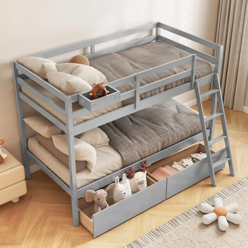 Bunk Bed Twin Over Twin with 2 Storage Drawers, Solid Wood Bunk Bed Frame with Storage Cube, Guardrails, Ladder, No Box Spring