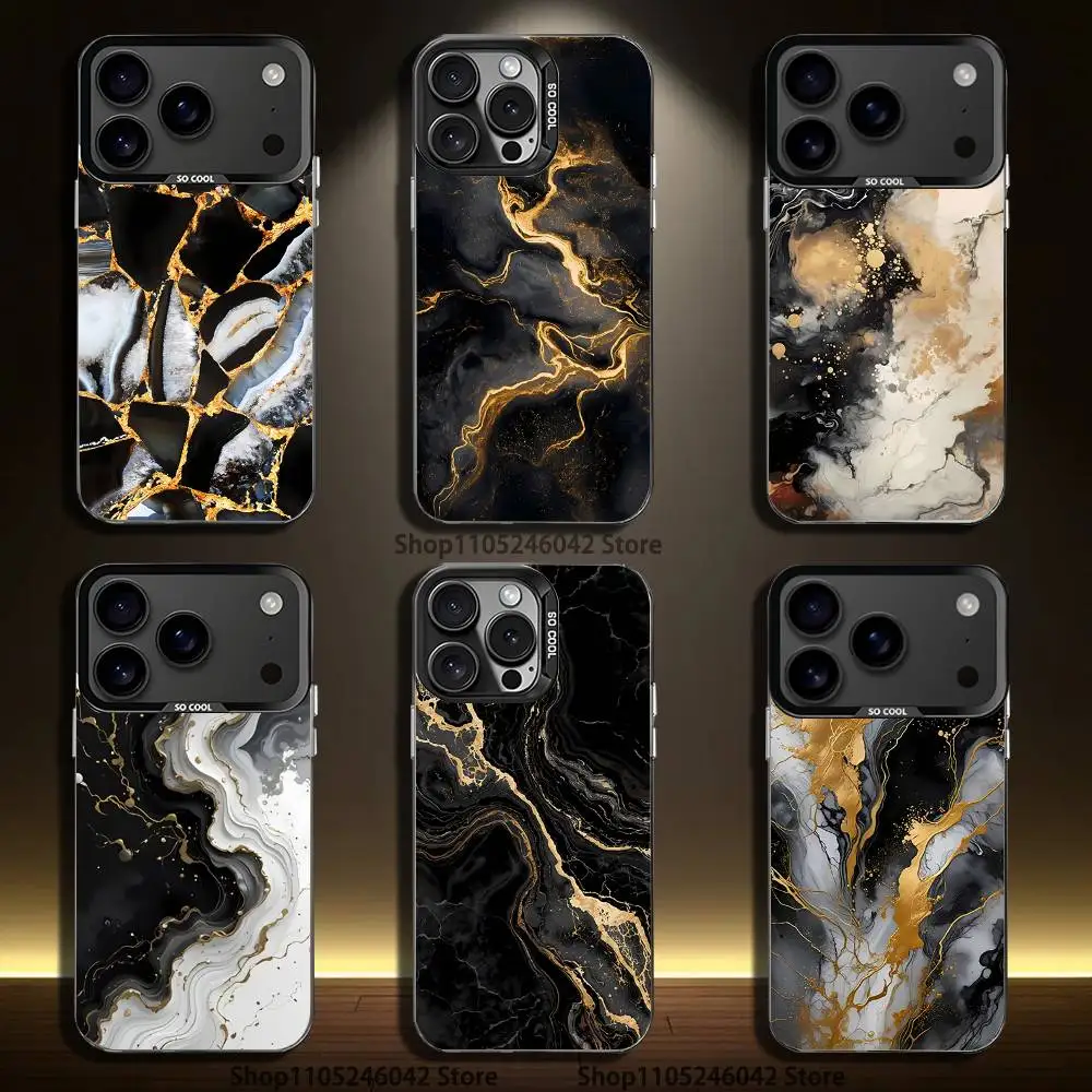 

B-Black Gold Marble Art For iPhone 17,16,15,14,13,12,11,Mini,Pro,E,SE4,XS,MAX Black Shockproof Candy Matte Cover