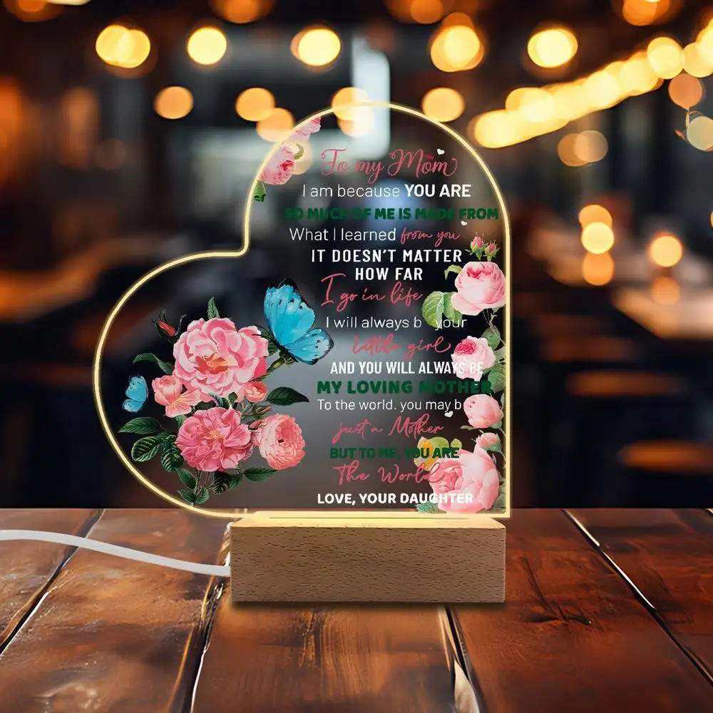 1 قطعة ملحقات التصوير الفوتوغرافي للديكور المتوهج من الأكريليك ، قاعدة خشبية USB ، هدية ابنة أمي ، ديكور زهور الفراشة ، دمى قابلة للجمع