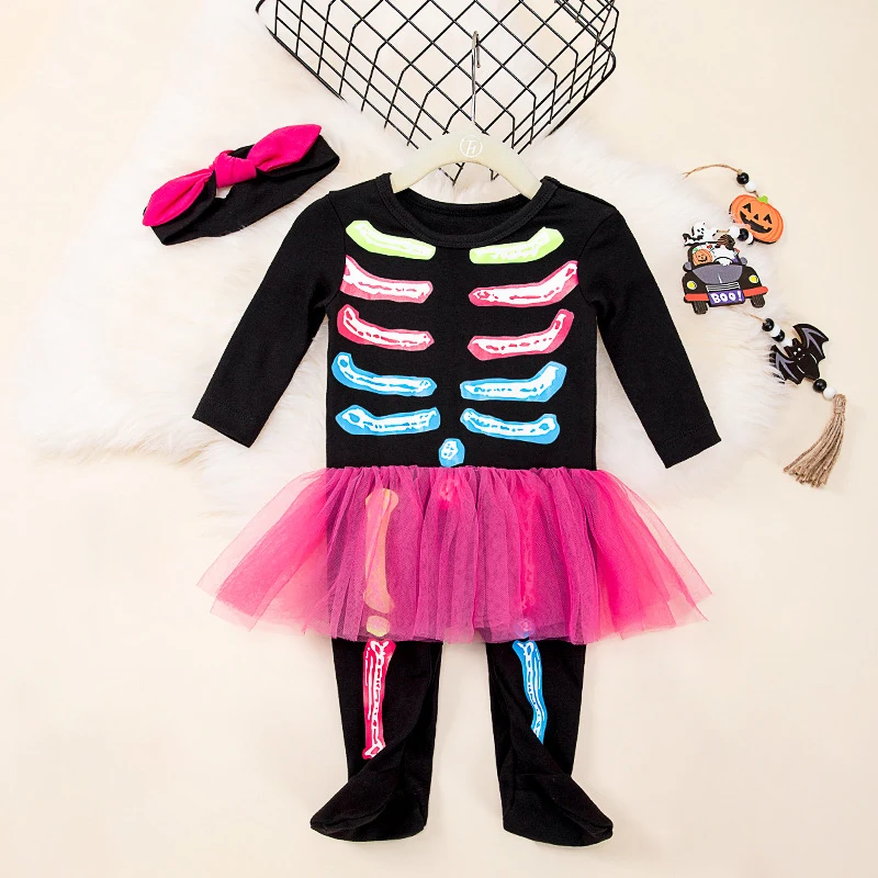 

Skeleton Infant Girl Halloween Costumes Footed Baby Romper with Tutu Bow Headband Pumpkin Litter Girl First Halloween Clothes
