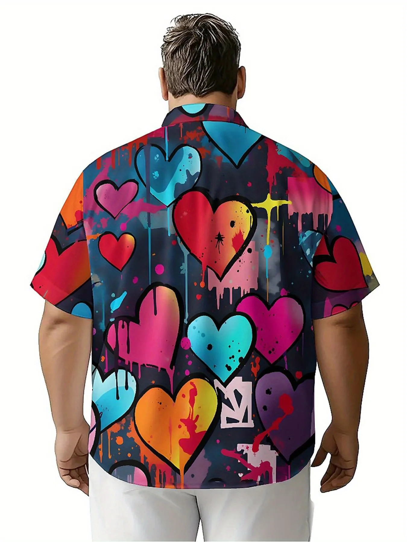 Men's Plus Size Hawaiian Shirts Heart-shaped Graffiti pattern,Unisex Baggy Aloha Shirts,summer Alternative Clothing