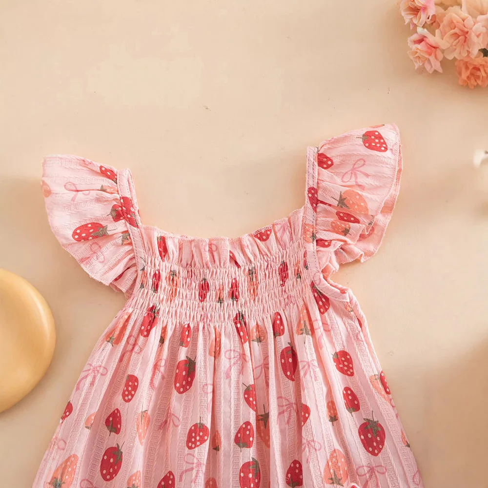2pcs Summer Infant Girl Casual Outfit Set Fly Sleeve Strawberry Floral Print Tank Tops + PP Shorts Headband Toddler Baby Clothes