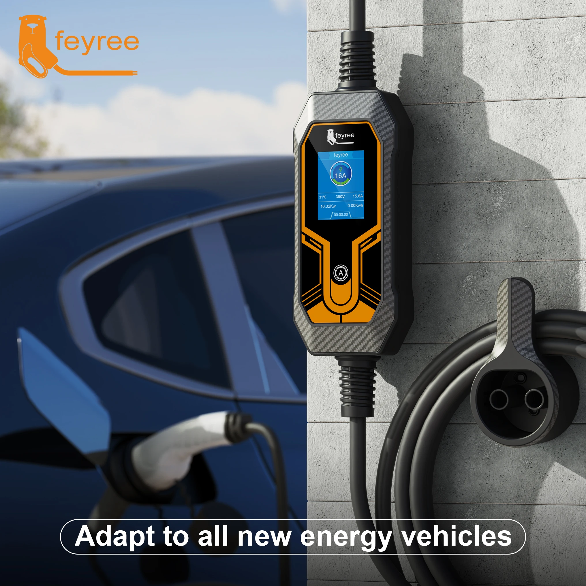 Feyree-ポータブルEV充電器,ceeオスプラグ,充電ボックス,電気自動車充電器,11kw,タイプ2ケーブル,16a,3相,32a,7kw,evse,5m