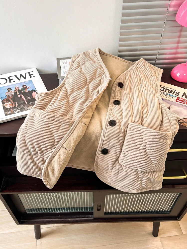 

Вельветовый жилет в стиле ретро с V-Ne, зимняя верхняя одежда, женский свободный многослойный топ на пуговицах с подкладкой на пуговицах