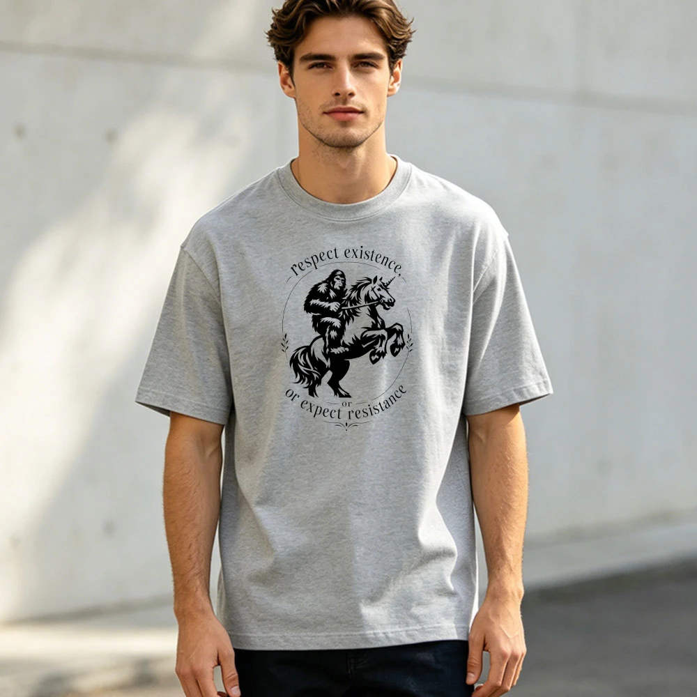 Respect Existence Or Expect Resistance Bigfoot Riding Unicorn Men Summer Cotton T Shirt Weird Cryptid Circle Daily Top