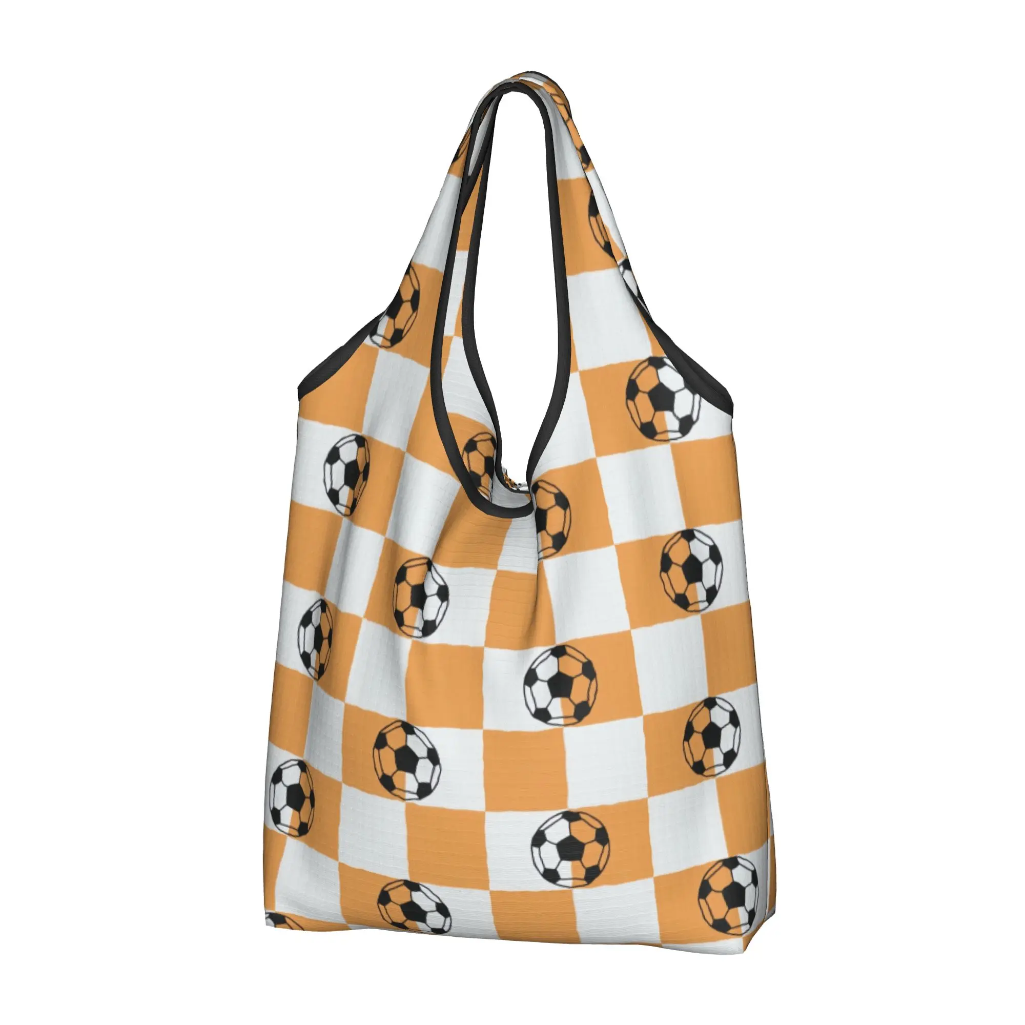 Kawaii Print Bright Orange Checks Soccer Balls  Shopping Tote Bags Portable Shoulder Shopper Footbally  Handbag