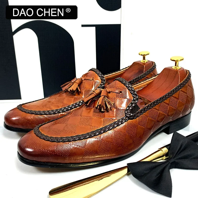 LUXURY BRAND MEN LOAFERS SHOES BROWN BLACK TASSEL LOAFERS SLIP ON CASUAL DRESS SHOE MAN WEDDING OFFICE LEATHER SHOES MEN