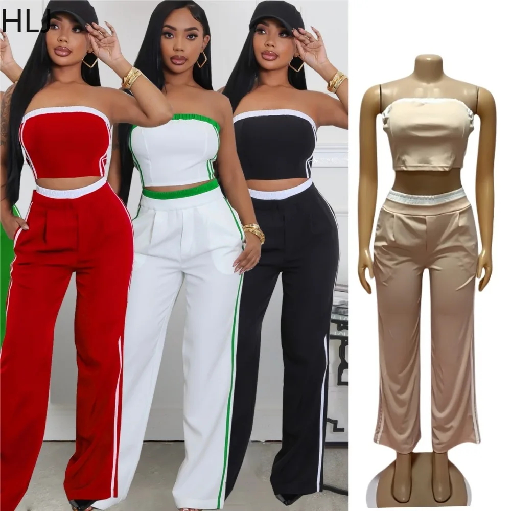 HLJ Women 2 Piece Outfits Strapless Bandeau Crop Top + Side Stripe Wide Leg Pants Set Casual Streetwear Matching Sets 2026 New