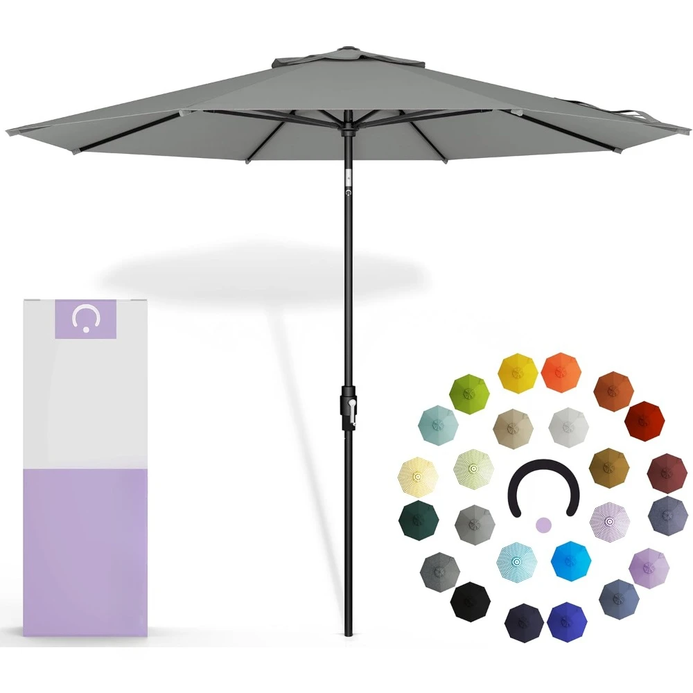 9 Feet Outdoor Umbrella   (Grey) Polyester Fabric - Fiberglass Ribs, Auto-Tilt And Swivel Aluminum Frame Patio Umbrella