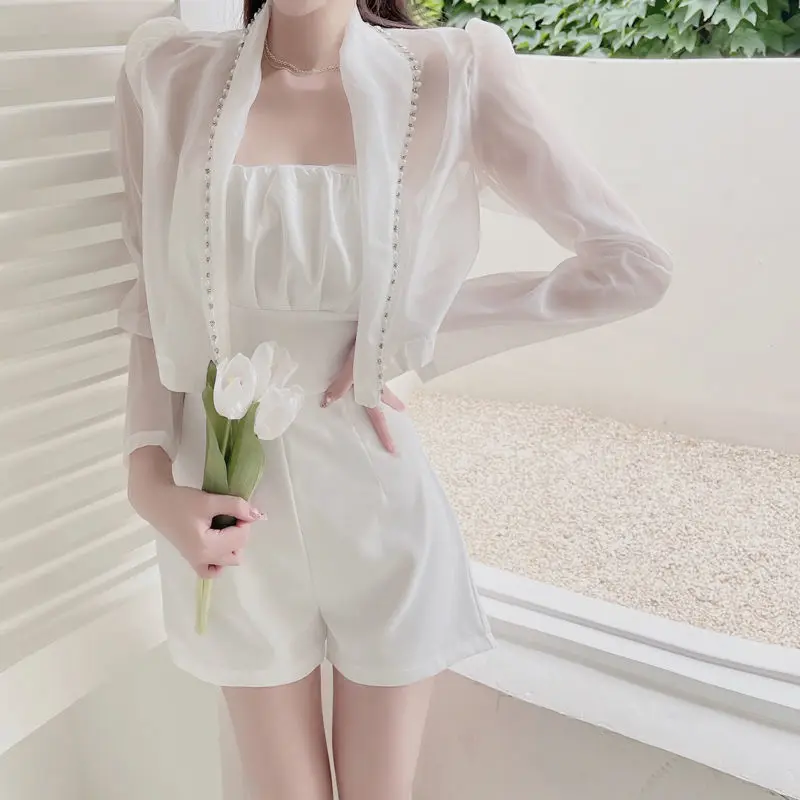 Korea Short Jumpsuit Two Piece Set Casual Suit Women's Summer Suit Tide Ice Silk Sunscreen Jumpsuit Tube Top High-End Jumpsuit