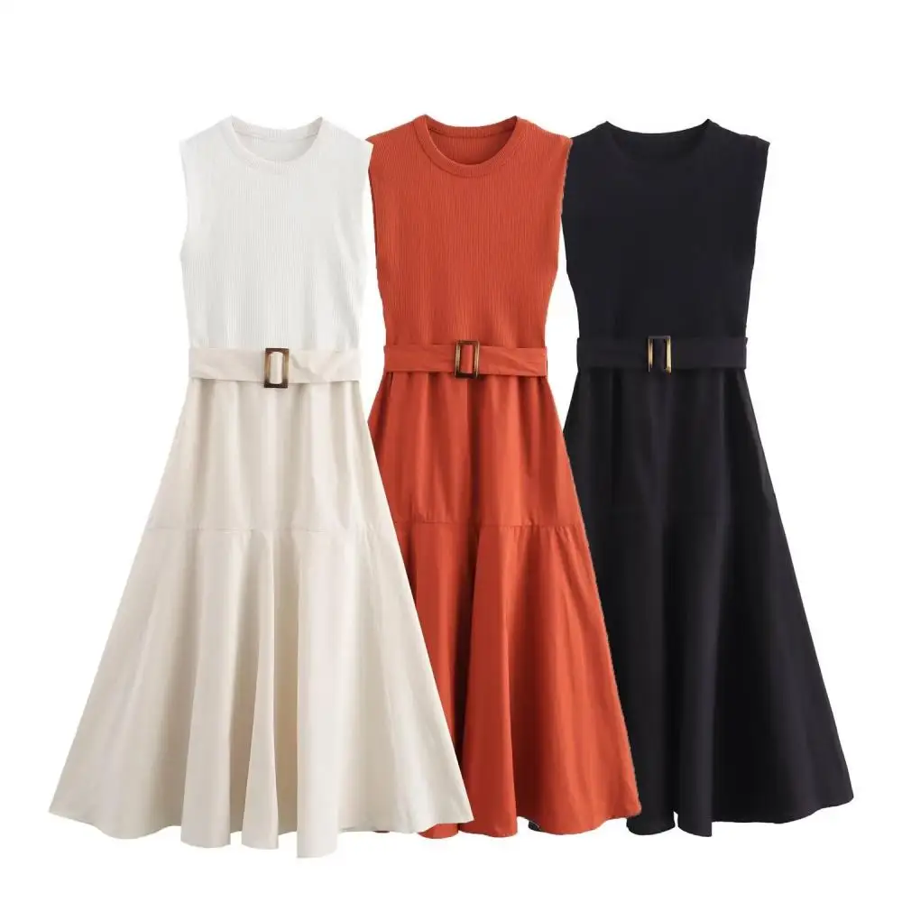 

Summer Women Solid Color Dress Elegant Sleeveless Crew Neck Vestidos High Waist Party Dress Commuting Street Clothes with Belt