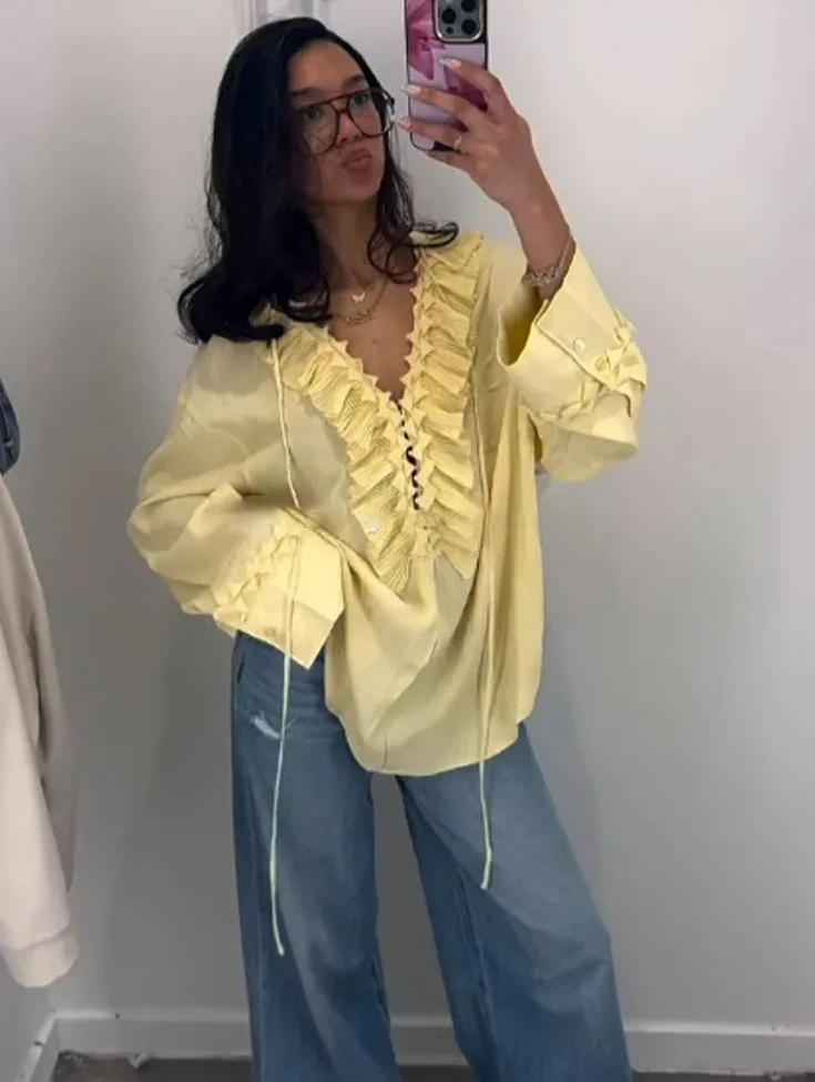 

Women Casual Yellow Ruffles Tops Fashion V Neck Lace Up Long Sleeve Loose T Shirt Summer Lady High Street Commute Clothing