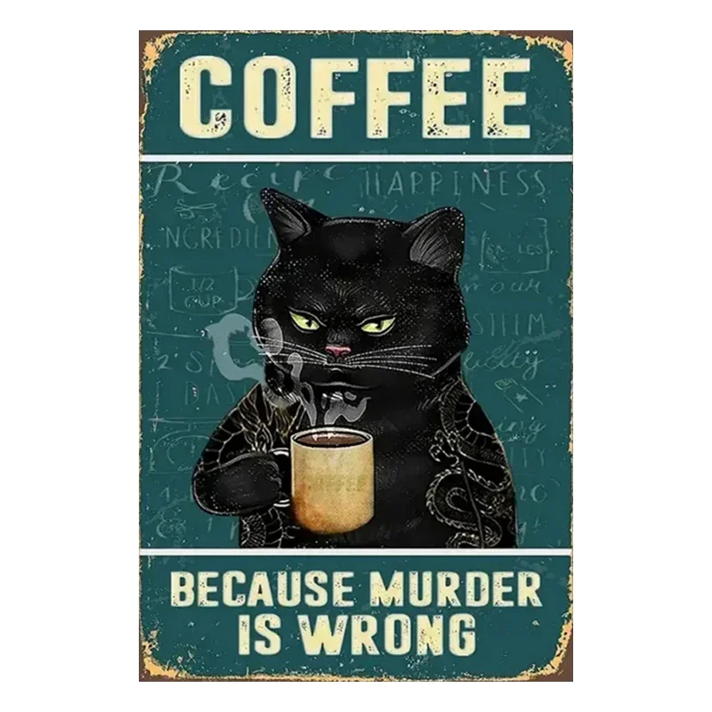 Fun Coffee Bar Sign Retro Cat Wall Art Decoration Black Cat Cafe Home Bar Wall Decoration Poster Aluminum Production