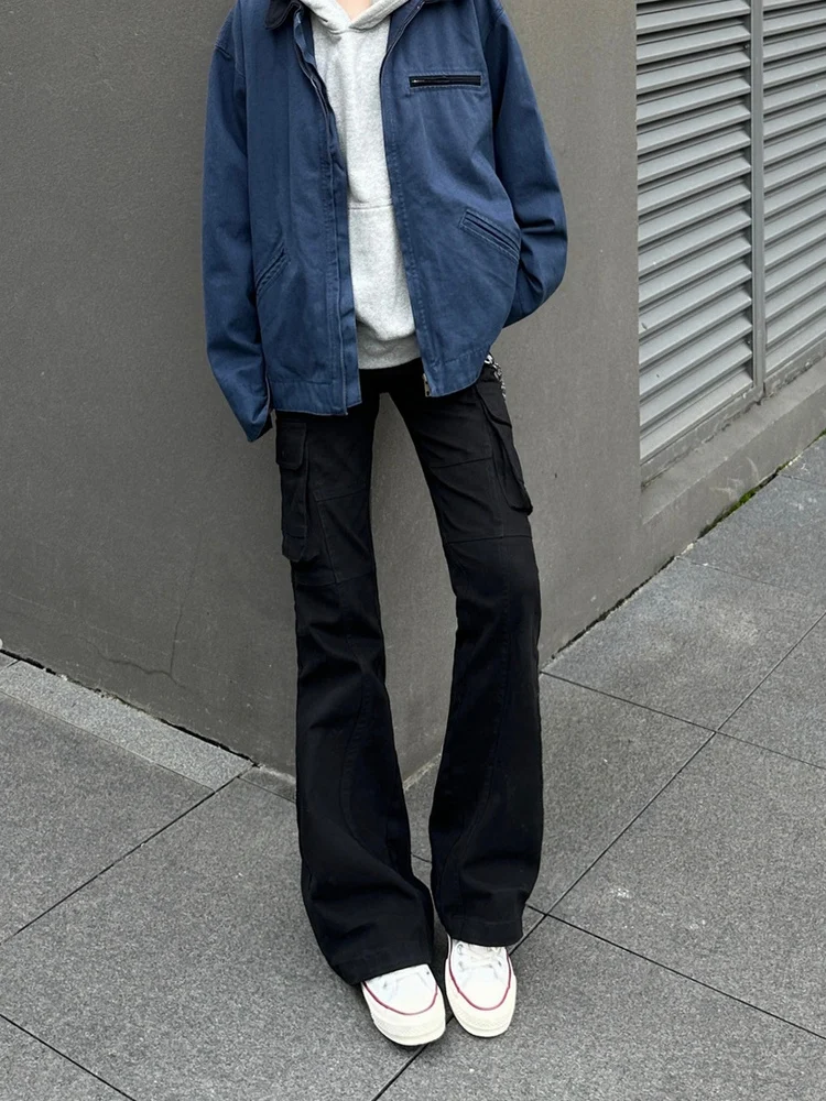 

Retro American Vibe Heavy Wash Black Denim Jeans Men's Women's Micro Flared Clean Fit Long Pants Street Style Multi Pocket