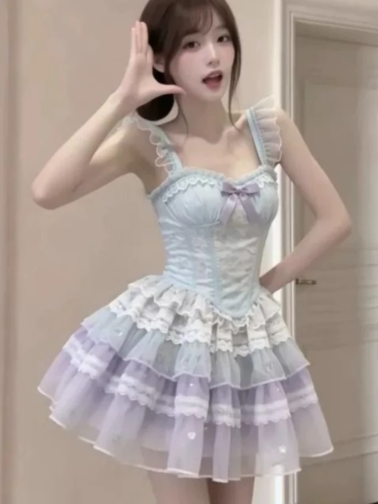 

Summer Sweet Dress Super Charming Adorable Girly Cute Bow Waist Cinching Slimming Patchwork Tulle Puffy Princess Short Skirt