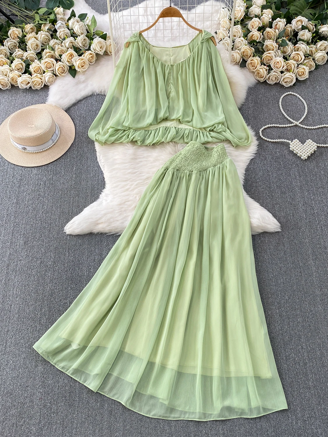 Elegant One-Shoulder Long-Sleeve Chiffon Blouse Pleated A-Line Midi Skirt Two-Piece Set Summer Fashion Commute Style Pure Color