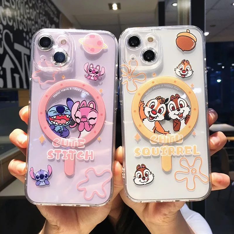 Disneies Cute Stitch Angel Chip An' Dale Magsafe Magnetic Phone for IPhone 16 15 14 13 12 11 8 7 Plus Pro Max X XR XSMax Cover