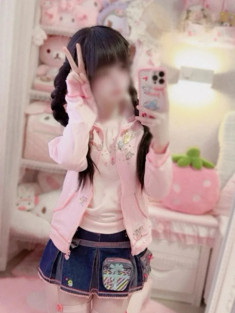 Japanese Kawaii Hoodie Long Sleeve Women Casual Pink Cartoon Print Lolita Sweatshirt Subculture Harajuku Sweet Women Clothing