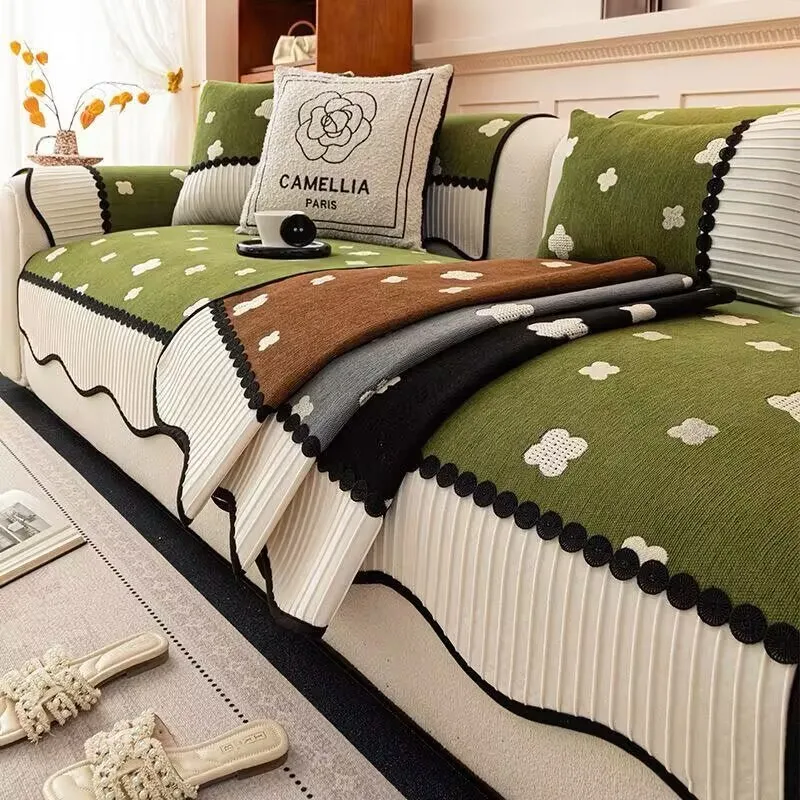 Anti-Cat Scratch Chenille Sofa Cushion Stitched Lace Quilted Non-Slip Seat Protector Backrest&Handrail Cover Washable Sofa Pads