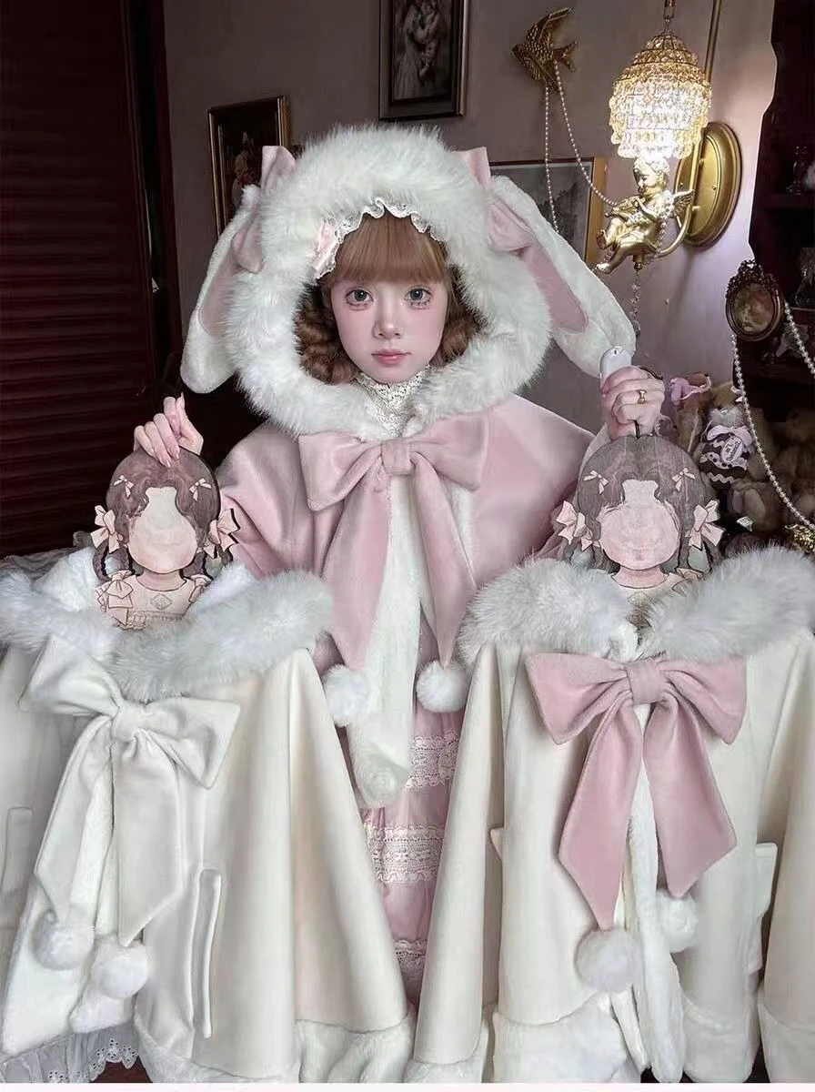 

Осенне-зимний теплый плащ Kawaii Lolita со шляпой, корейская мода, милые милые накидки, куртка с бантом Y2k, пальто из искусственного меха, женское шикарное