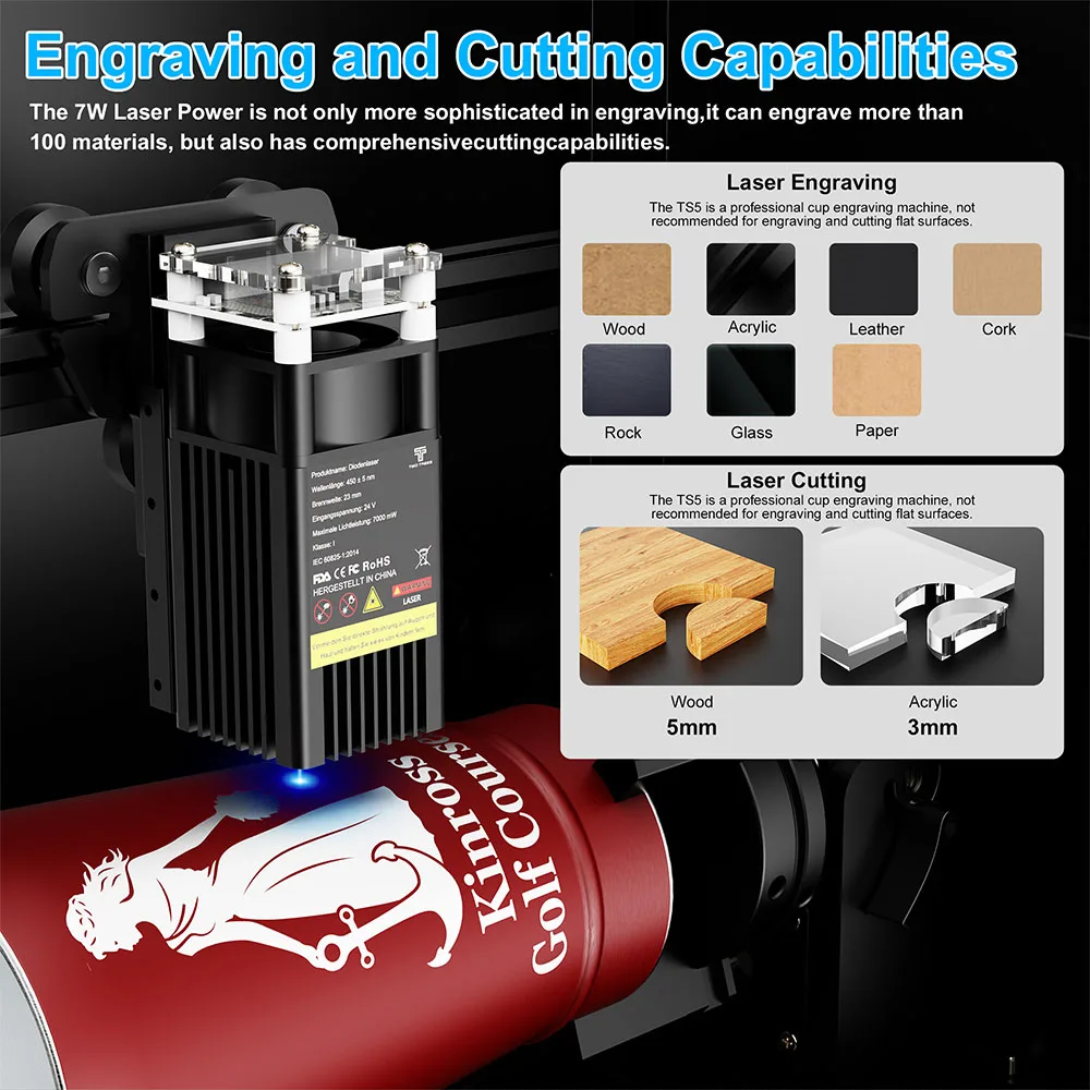 Twotrees TS5 Rotary Laser Engraver for Stanley Cup Pre-assembled 95% CNC Machine Laser Engraving Spheres And Circles Tools