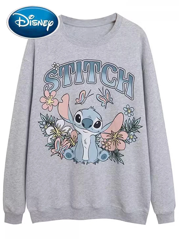 Disney Gray Sweatshirt Stitch Little Monster Cartoon Print Unisex Women Long Sleeve O-Neck Pullover Fleece Jacket Tops Oversize