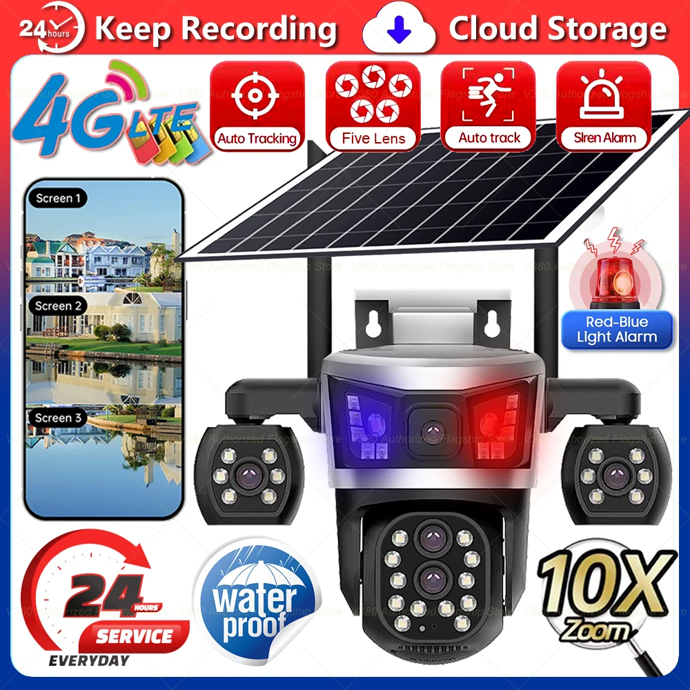 

5-объективная 4G солнечная камера для улицы, водонепроницаемая, с 10-кратным зумом, беспроводная PTZ-камера для умного дома с дистанционным управлением и обнаружением движения, камера видеонаблюдения
