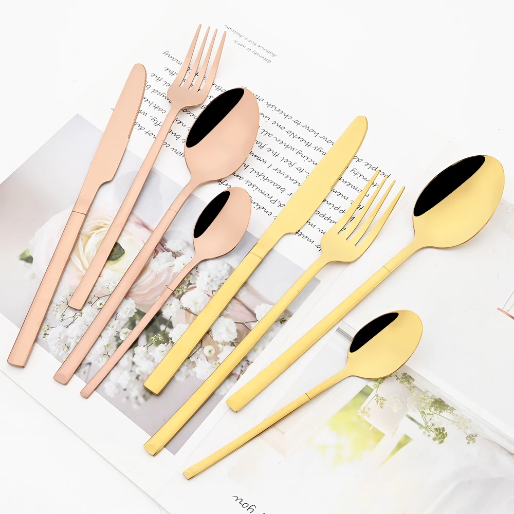 24Pcs Rose Gold Dinnerware Set Knife Fork Teaspoon Cutlery Set Stainless Steel Tableware Flatware Western Kitchen Silverware Set