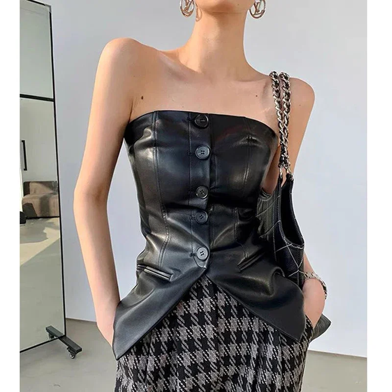 European American Sexy Streetwear Corset Top Women Customer Black/Brown Genuine Leather Slim Fitness Collarless Jacket Femme Chi