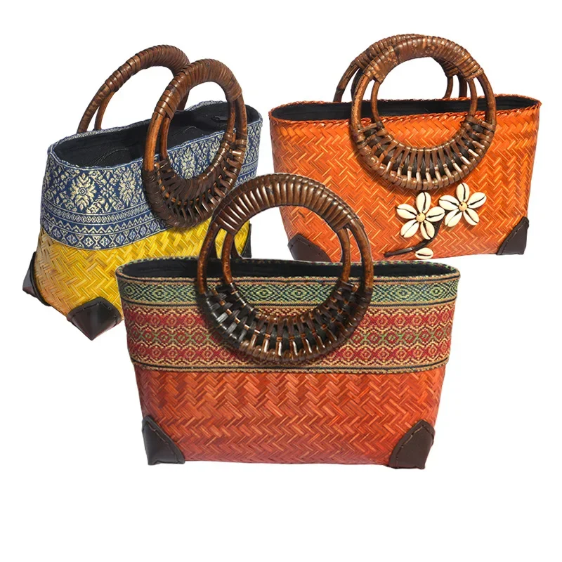 New style  national wind round handbag bamboo woven bag seaweed woven women's bag with a retro wooden handle