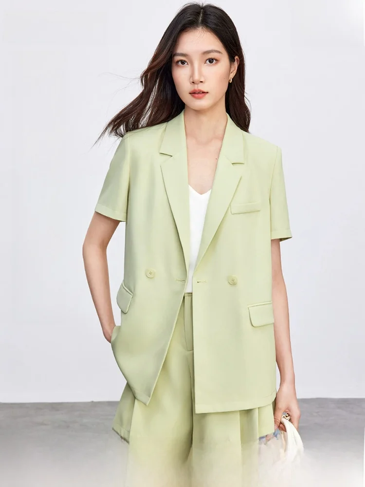 

Commuting Padded oulder ort Sve Flat Front Suit Jaet with Elastic Waist And Pleated orts Two Piece Set Polyester F...